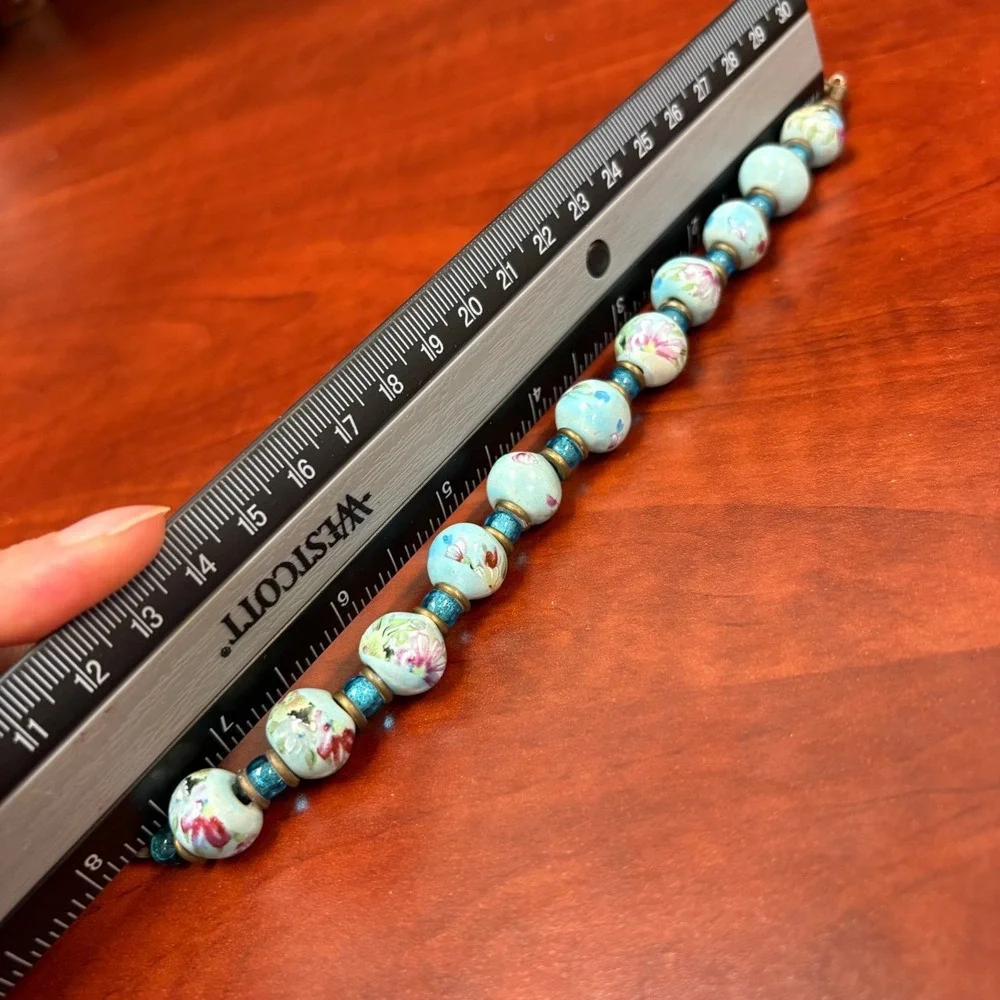 Vintage Floral Ceramic Bead Necklace Turquoise‎ Boho Statement